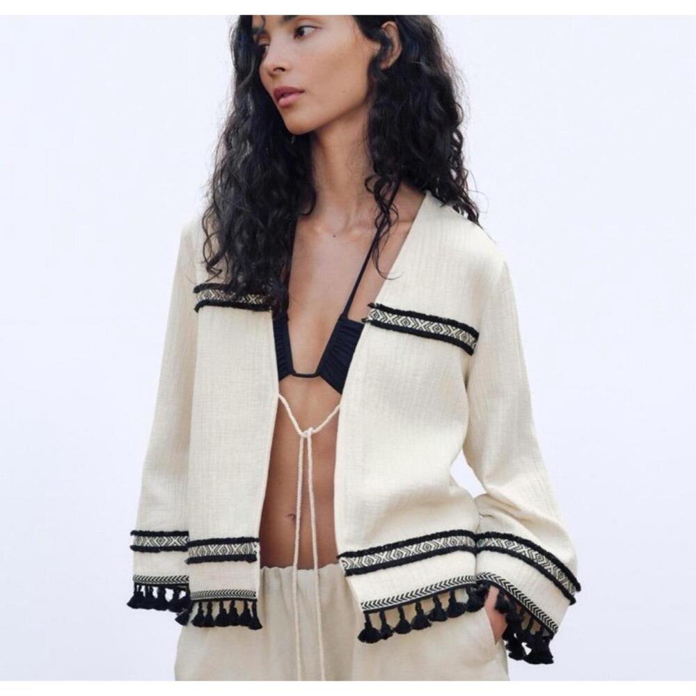 NEW Boho Cream Black Fringe Topper Jacket Women's XL Cotton Emerson Lang